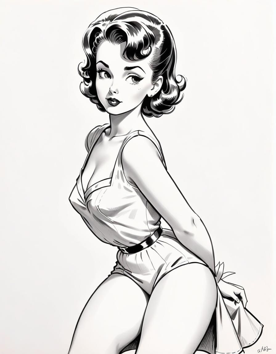 1950s Pinup Girl Retro Style Sketch Drawing (Blue Pencil XL)