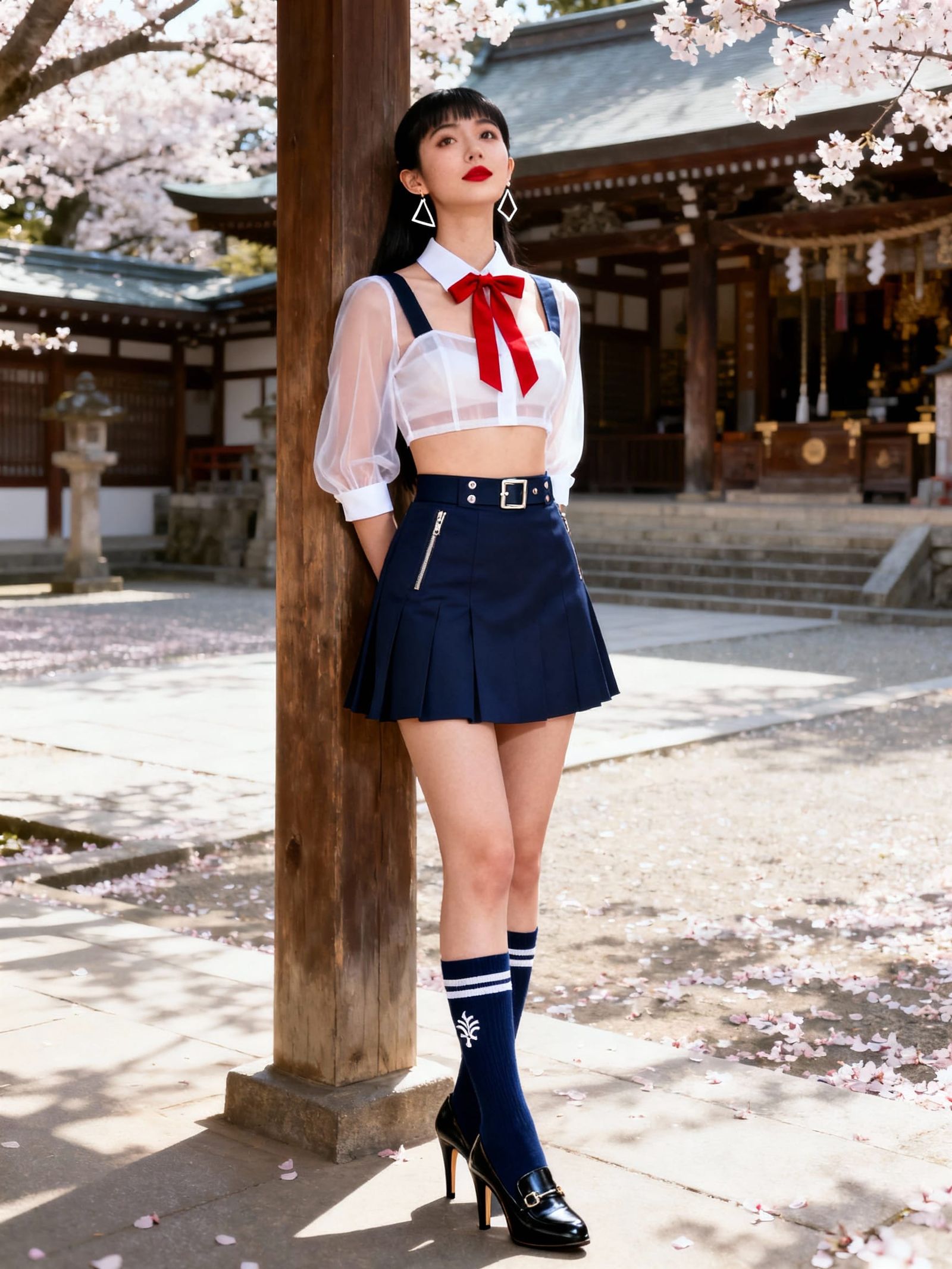 Kaori at Shrine with Falling Cherry Blossoms