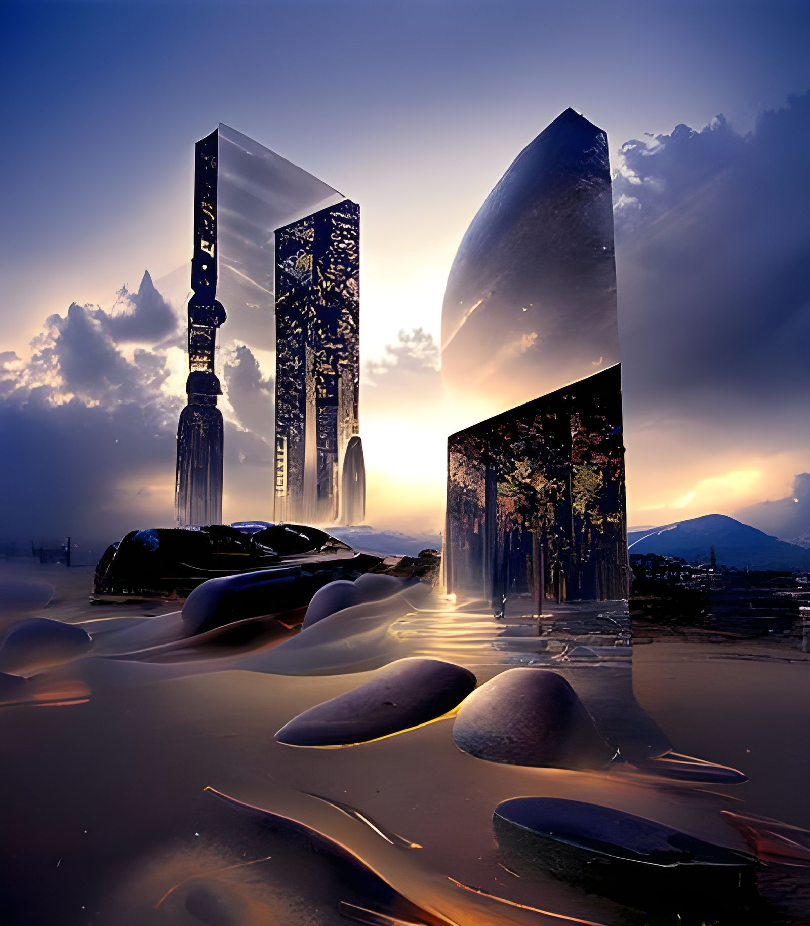 Mystical Sci-Fi Monoliths in Ukiyo-e Style