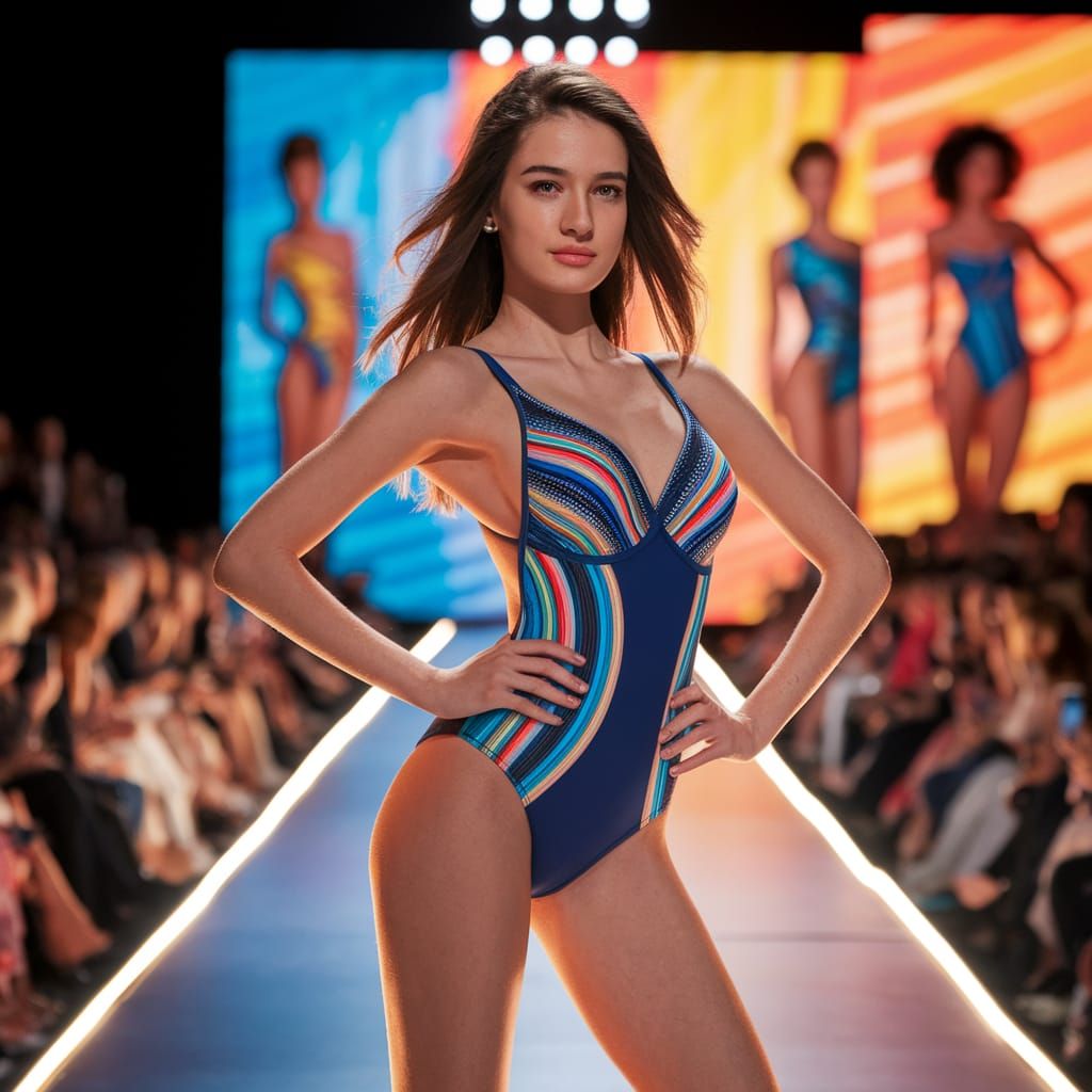 Elegant Woman Models Swimsuits on Catwalk in Digital Art