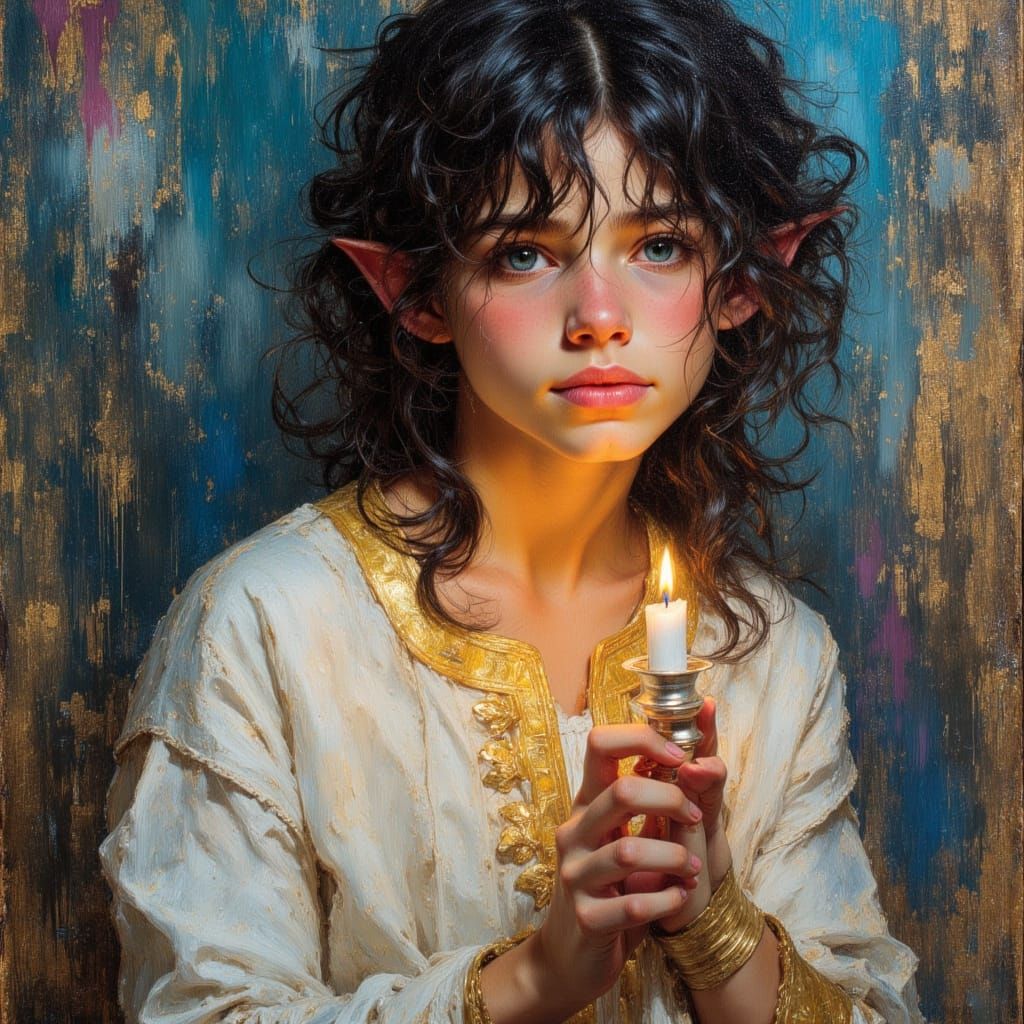 Elfling Portrait with Candle as Impasto Oil Painting