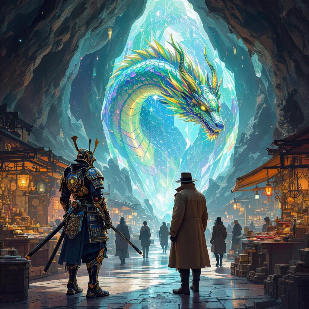 Interdimensional Bazaar with Robot Samurai and Dragon