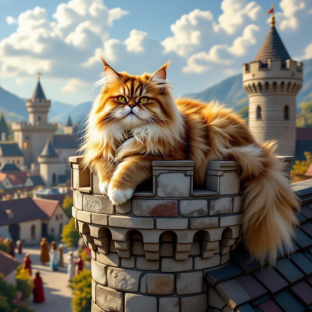 Majestic Persian Cat Overlord on Castle Roof