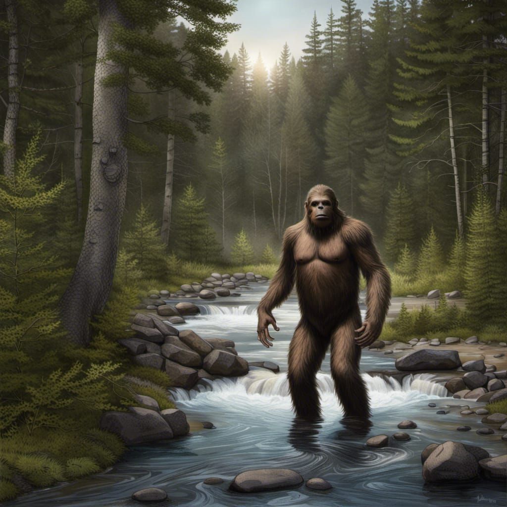 Photorealistic Bigfoot with Human Face in Maine Woods