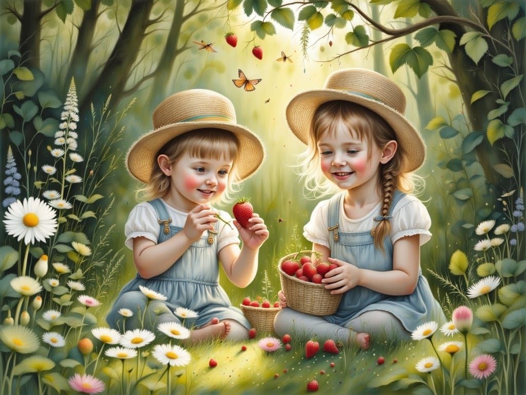 Siblings Pick Wild Strawberries in a Sunlit Forest Clearing