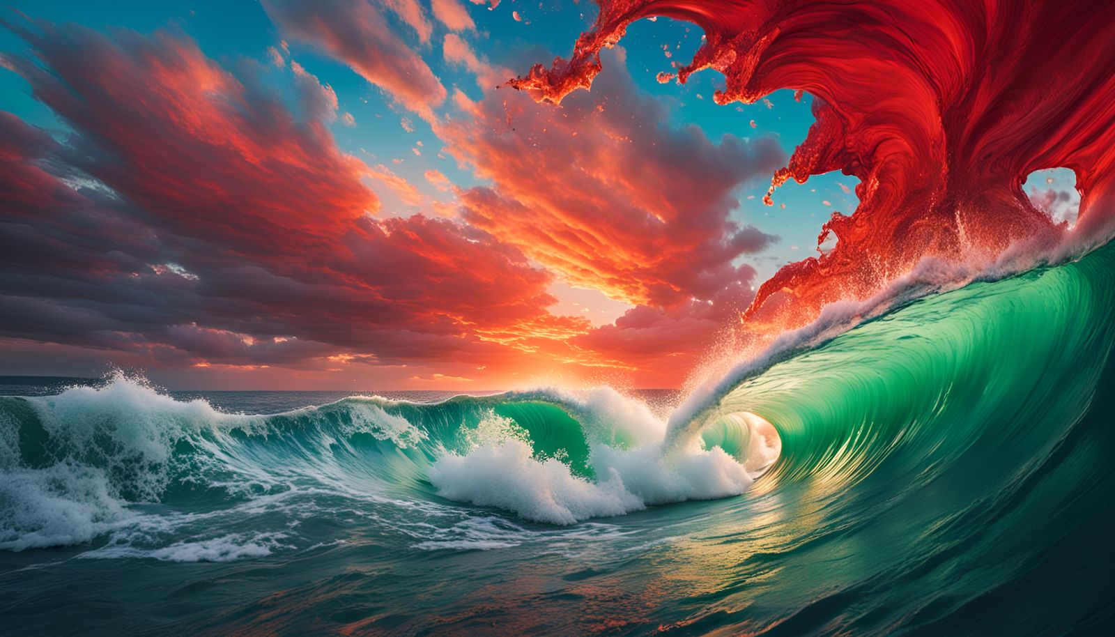 Inside a Blue-Green Wave with Red Sky: Hyperrealistic Photog...