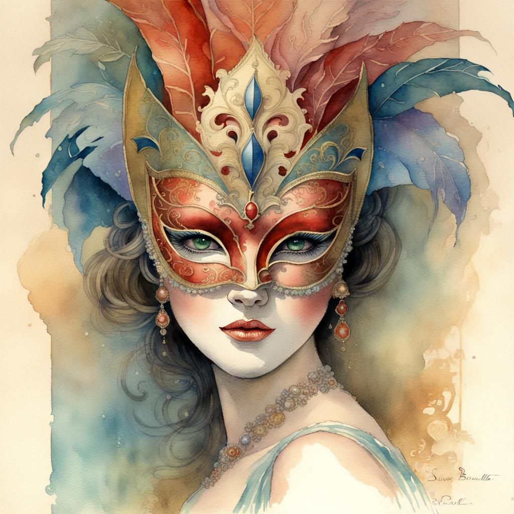 Colorful Venetian Masquerade Portrait in Watercolor Comicboo...