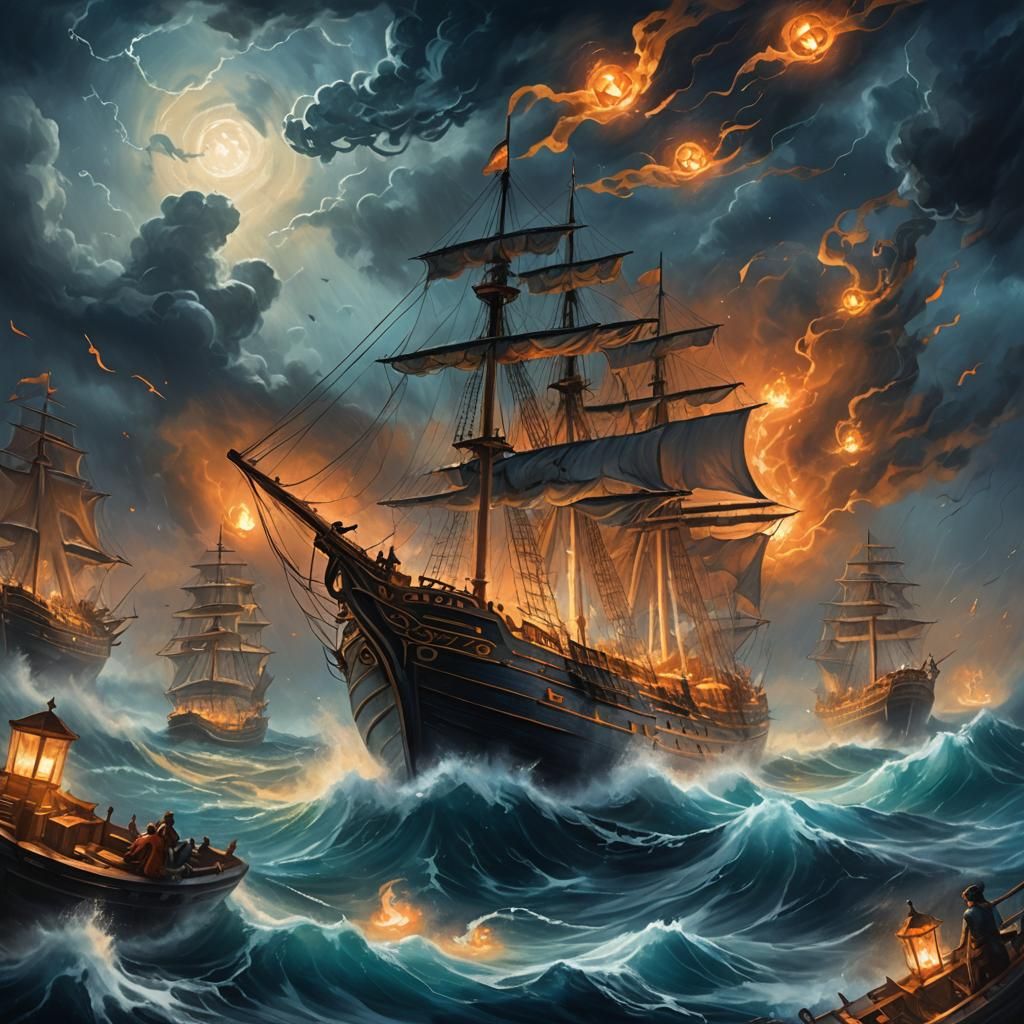 Greek Ships in Storm: Impressionist Nautical Fantasy