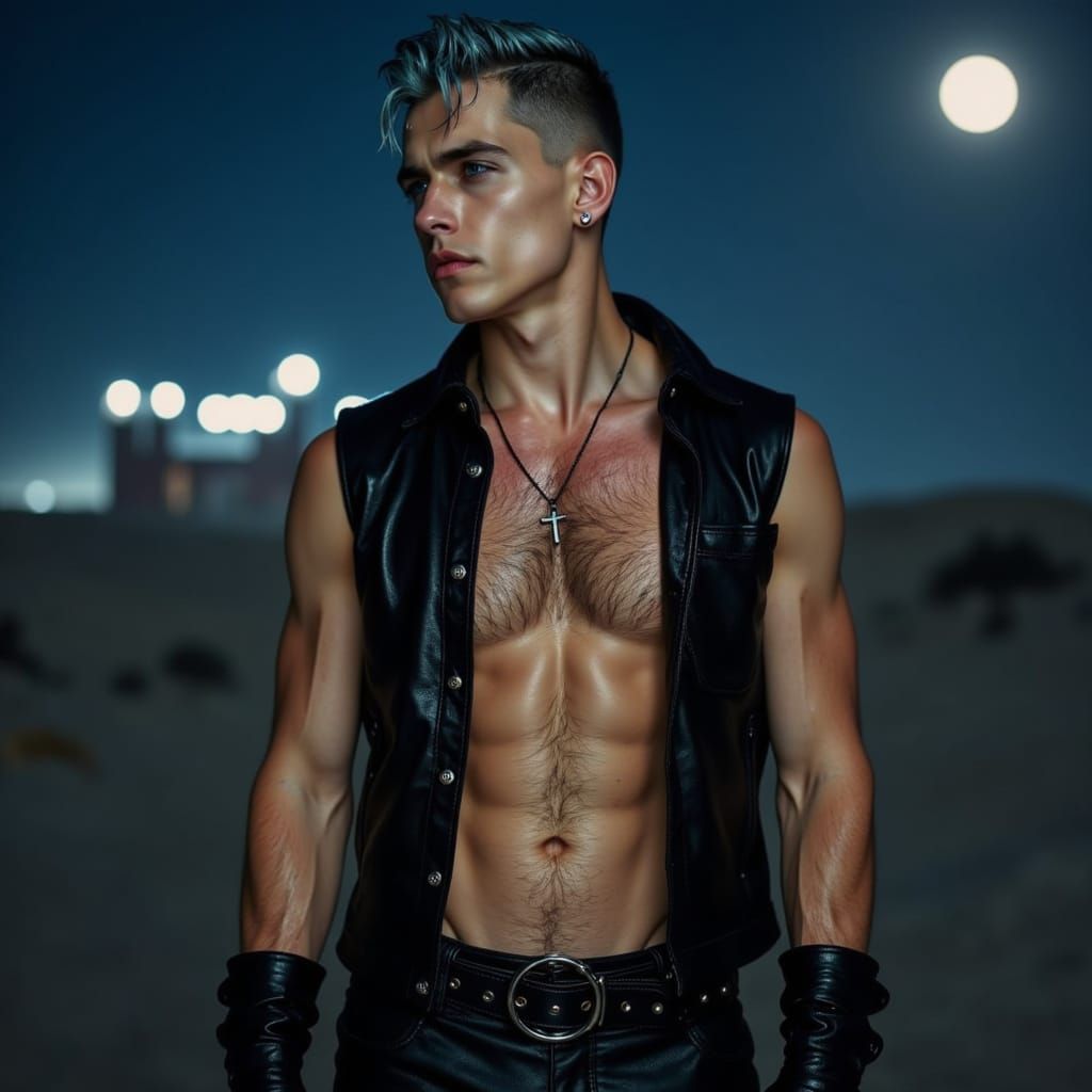 Bronze Man in Leather at Night with Blue Hair