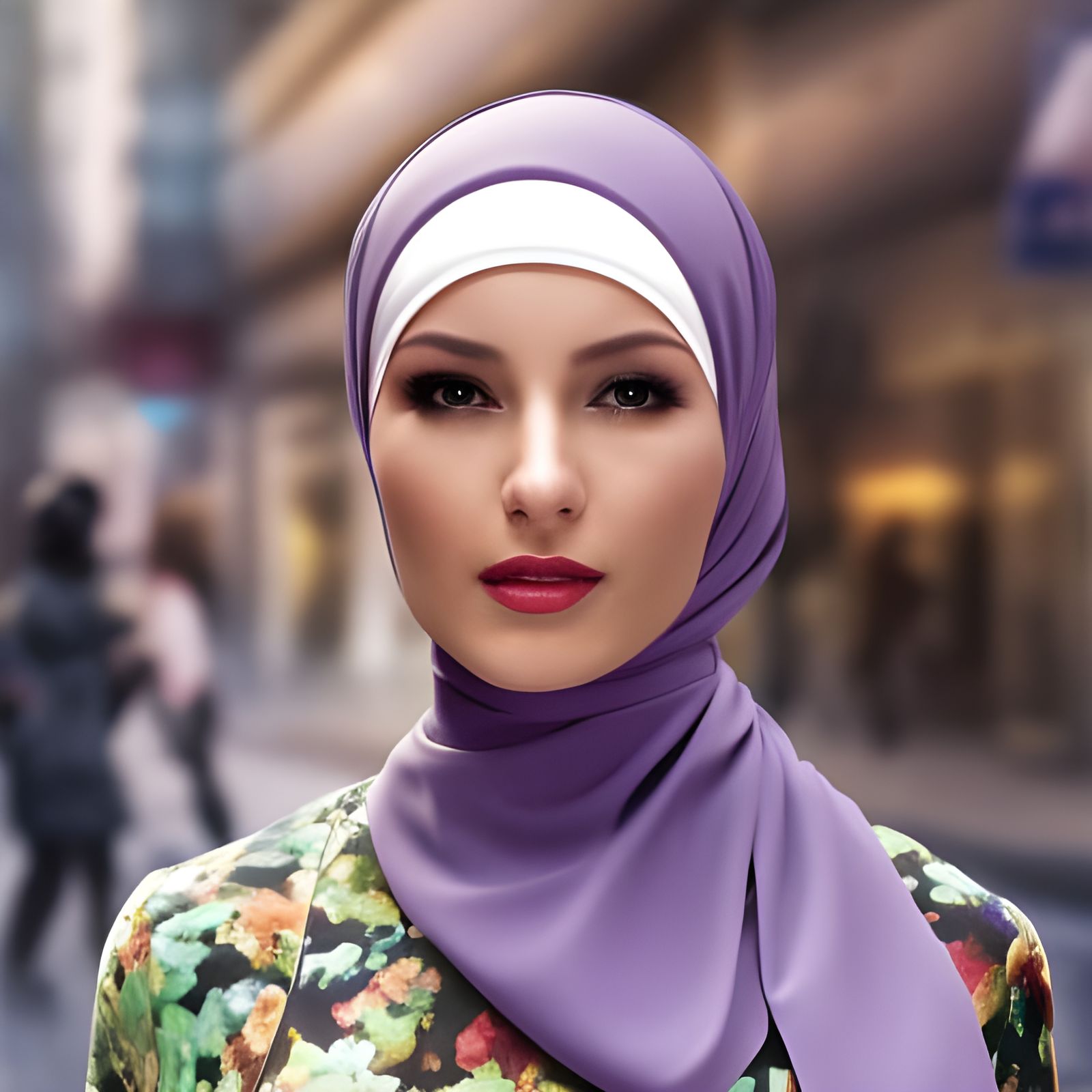 European Woman with Hijab in City, Matte Painting
