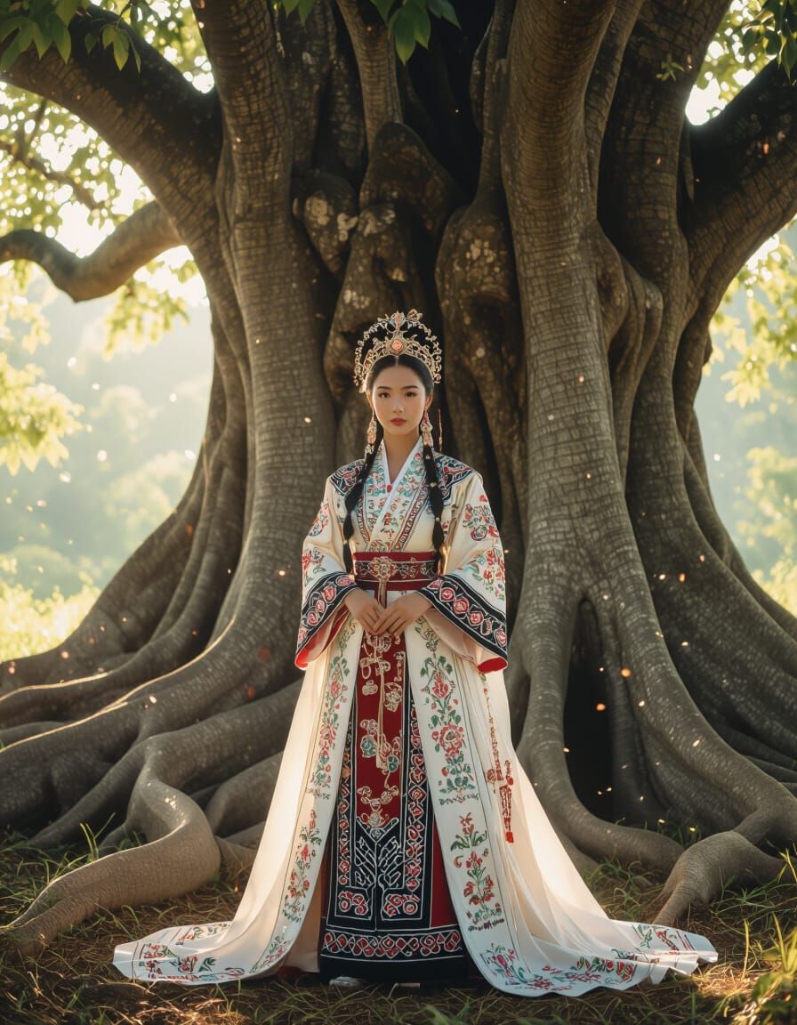 Hmong Queen Before Ancient Tree, Baroque Style
