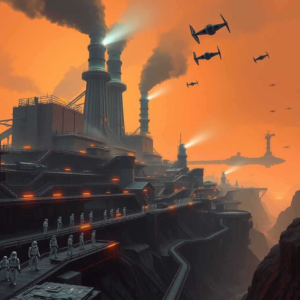 Cyberpunk Industrial Fortress Under Toxic Orange Sky
