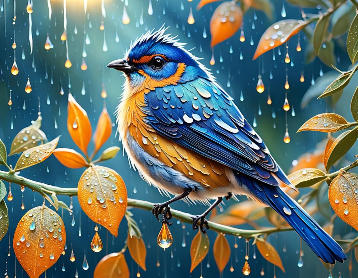 Magical Blue Bird in Rain with Gold Highlights