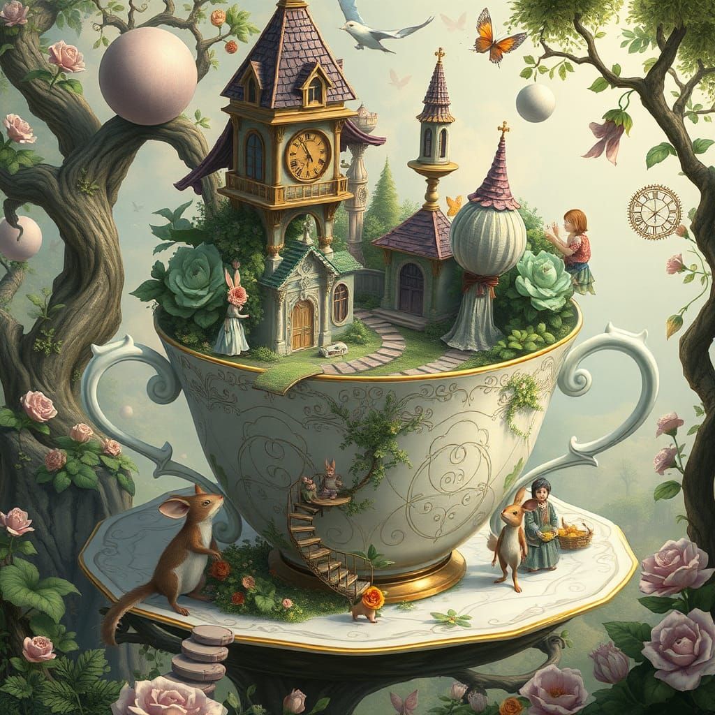 Wonderland Teacup World: Dreamlike Illustration