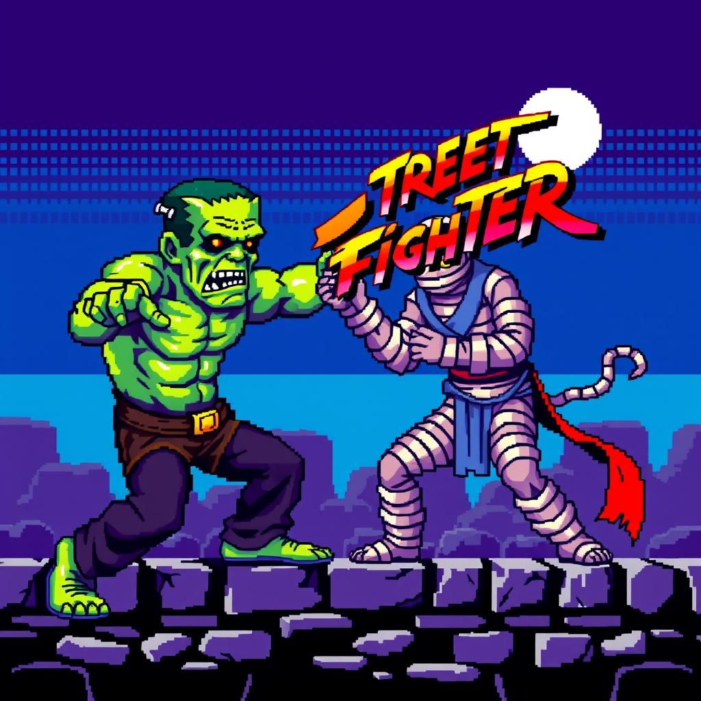 Frankenstein vs Mummy in 8-bit Pixel Art Style