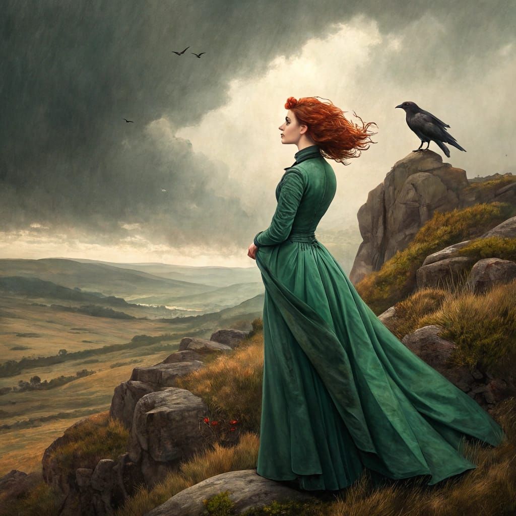 Victorian Woman with Raven in Romantic Impasto Style