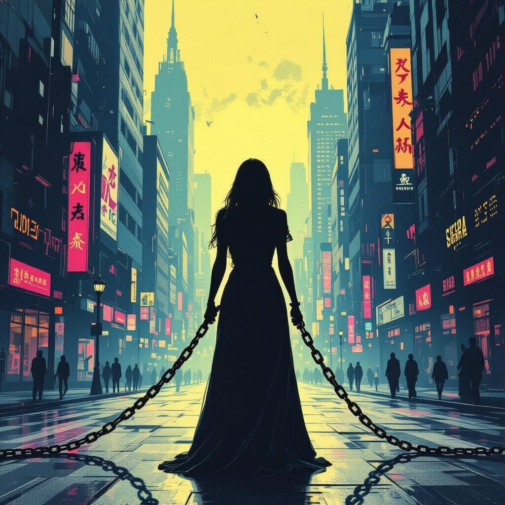 Surreal Woman Bound by Societal Chains in Stark Cityscape