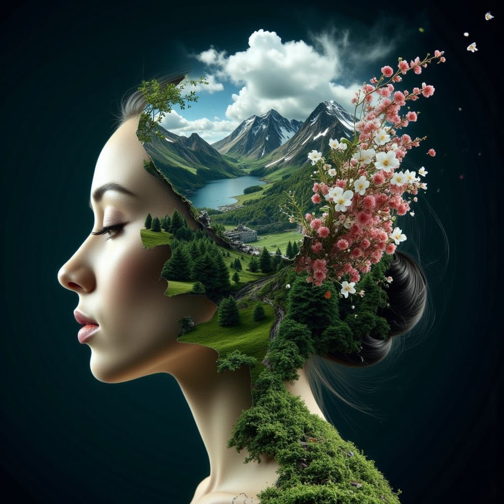 Surreal Double Exposure: Woman's Profile Merged with Mountai...