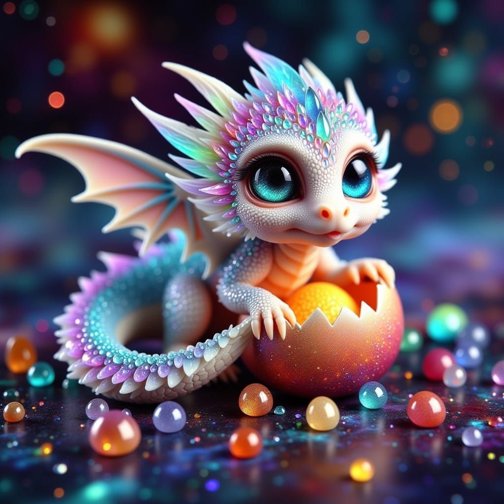 Ethereal Crystal Dragon Emerges from Cosmic Egg