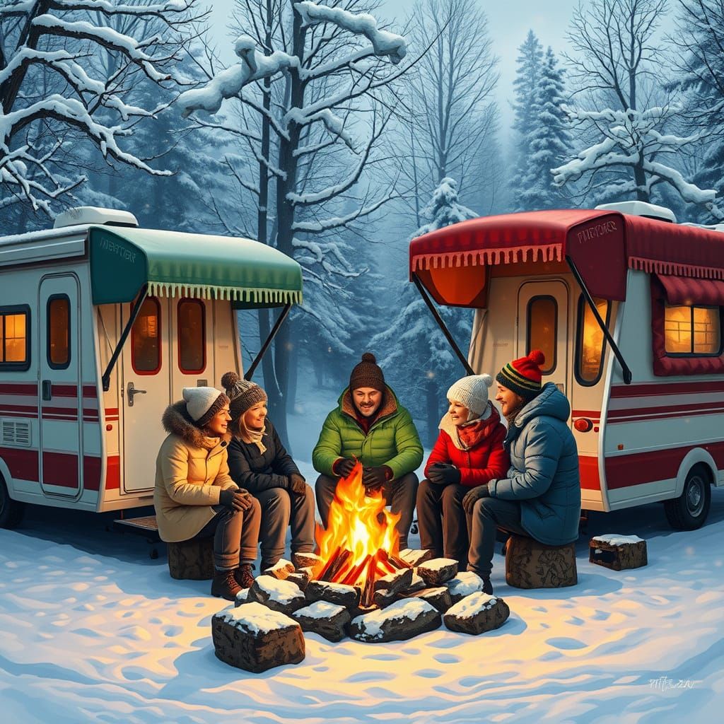 Cozy Winter Campsite with Couples by the Fire