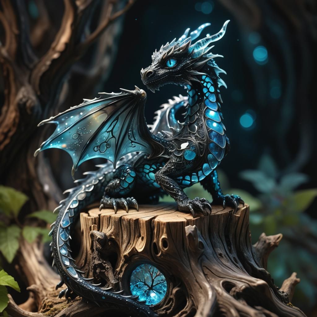 Bioluminescent Crystal Dragon on Gnarled Tree Stump