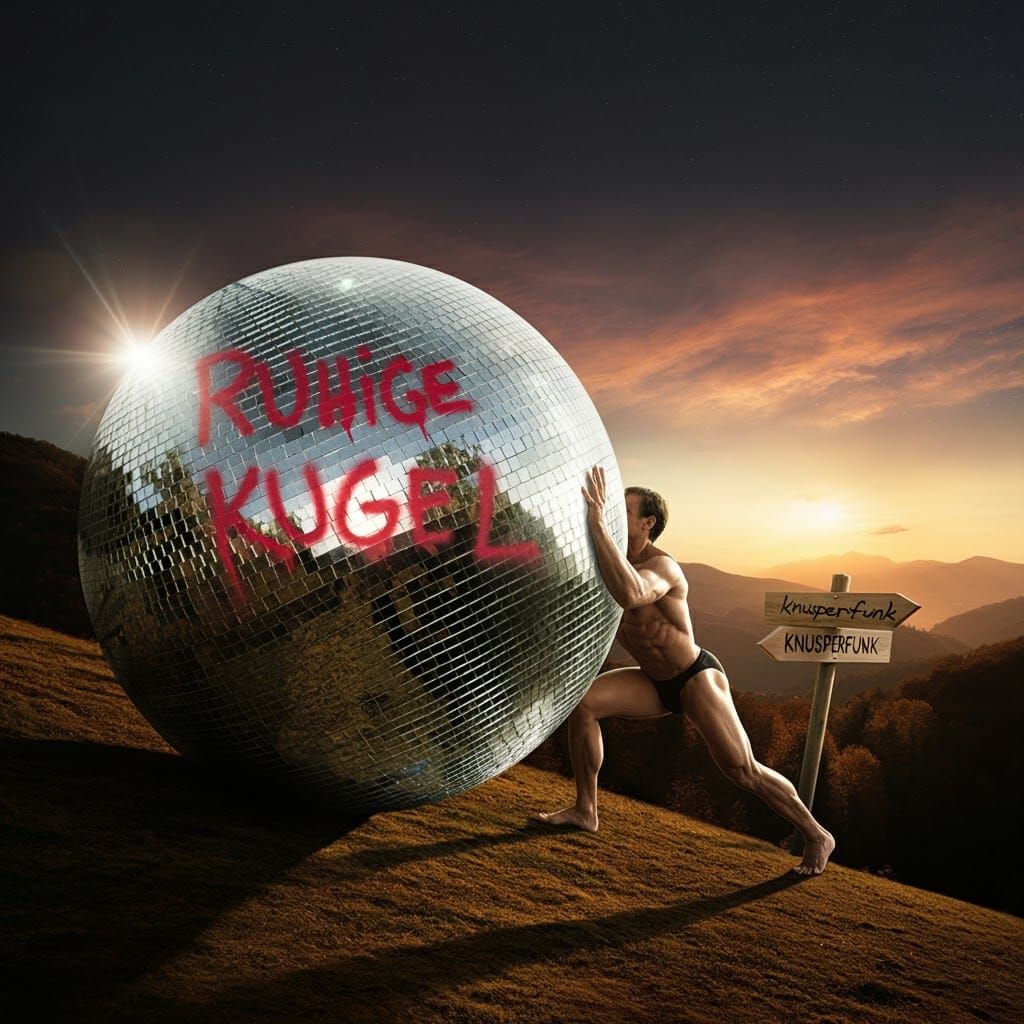 Sisyphus Pushing Disco Ball in Mediterranean Landscape