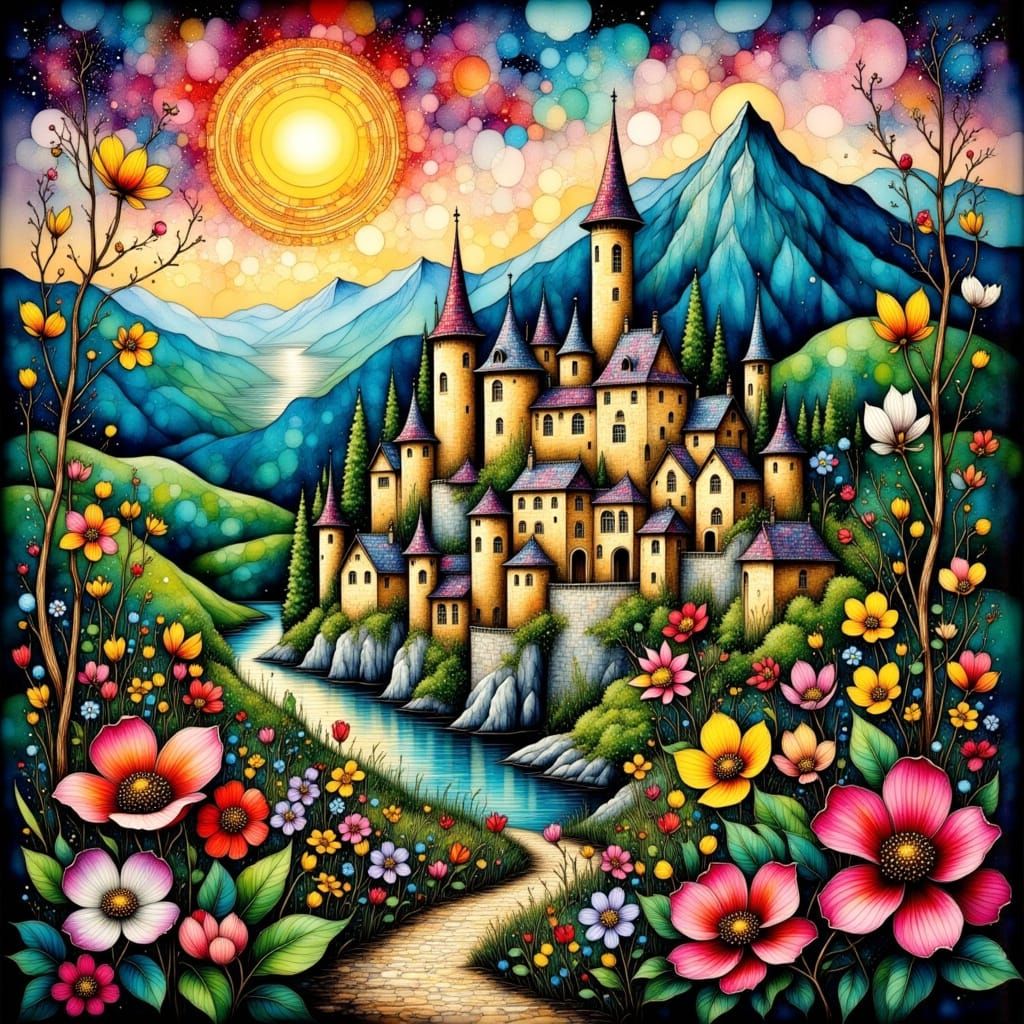 Dreamlike Medieval Townscape in Whimsical Watercolor Style