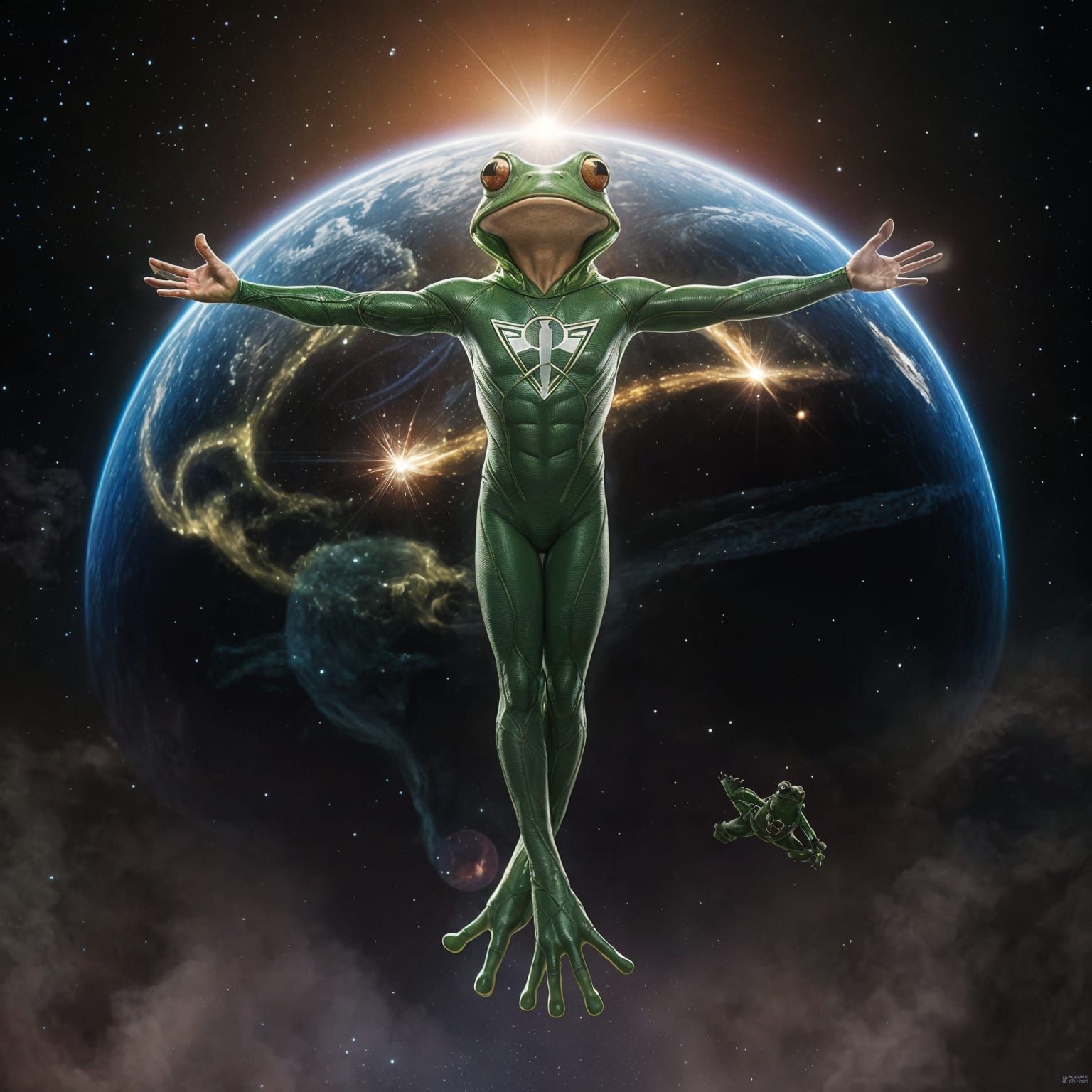 Frog Superhero Soaring Through Space as Digital Art