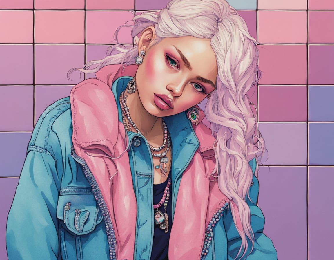 Anime Girl Portrait with Pink Beanie and Tattoos