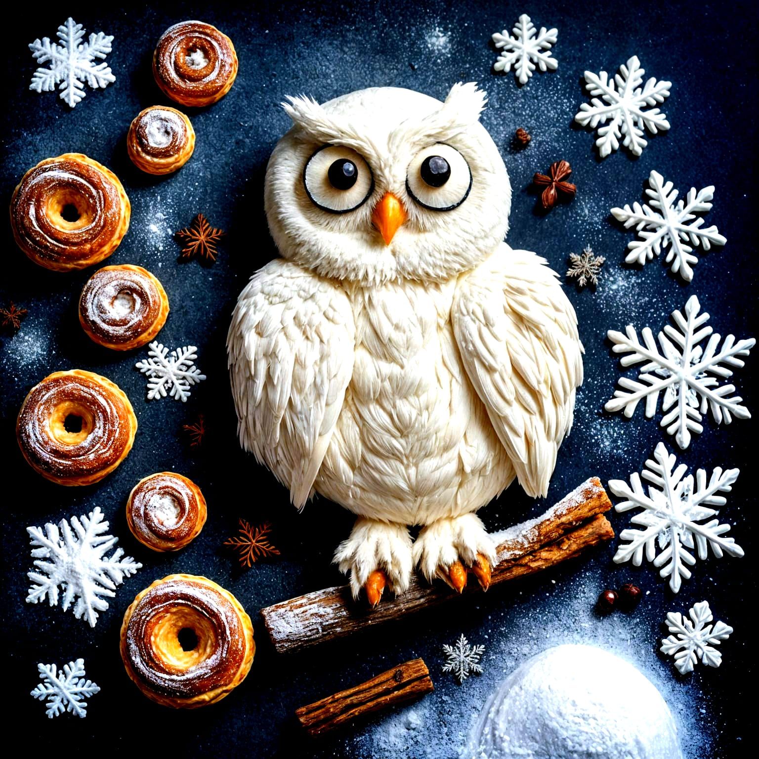 a snow owl made from pastry