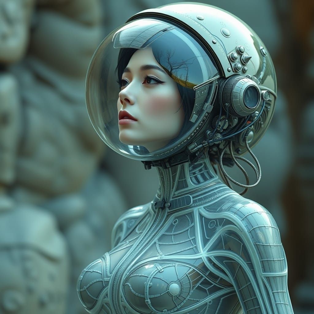 Biomechanical Woman in Translucent Space Suit