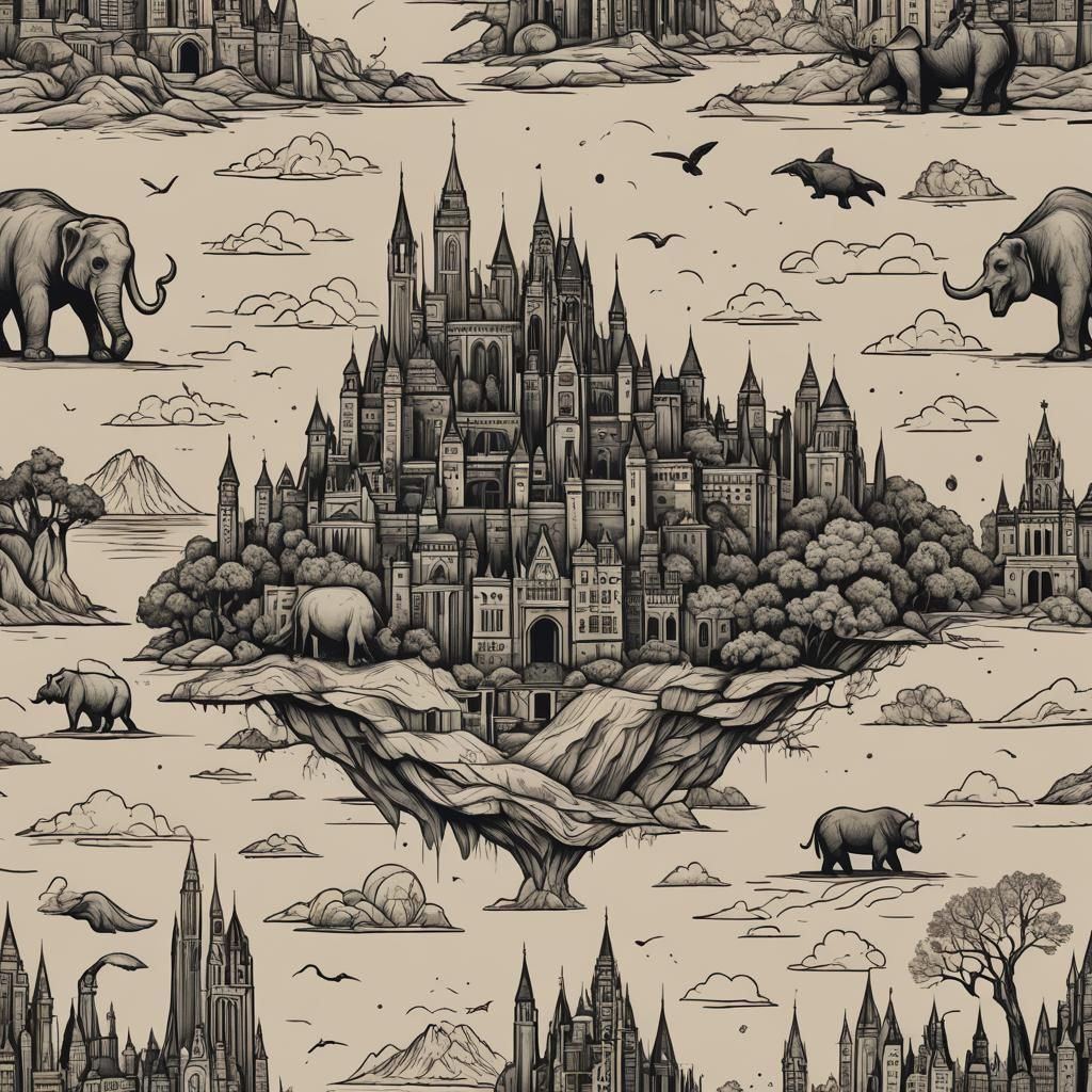 Brisbane Landmarks and Giant Animals in Line Art