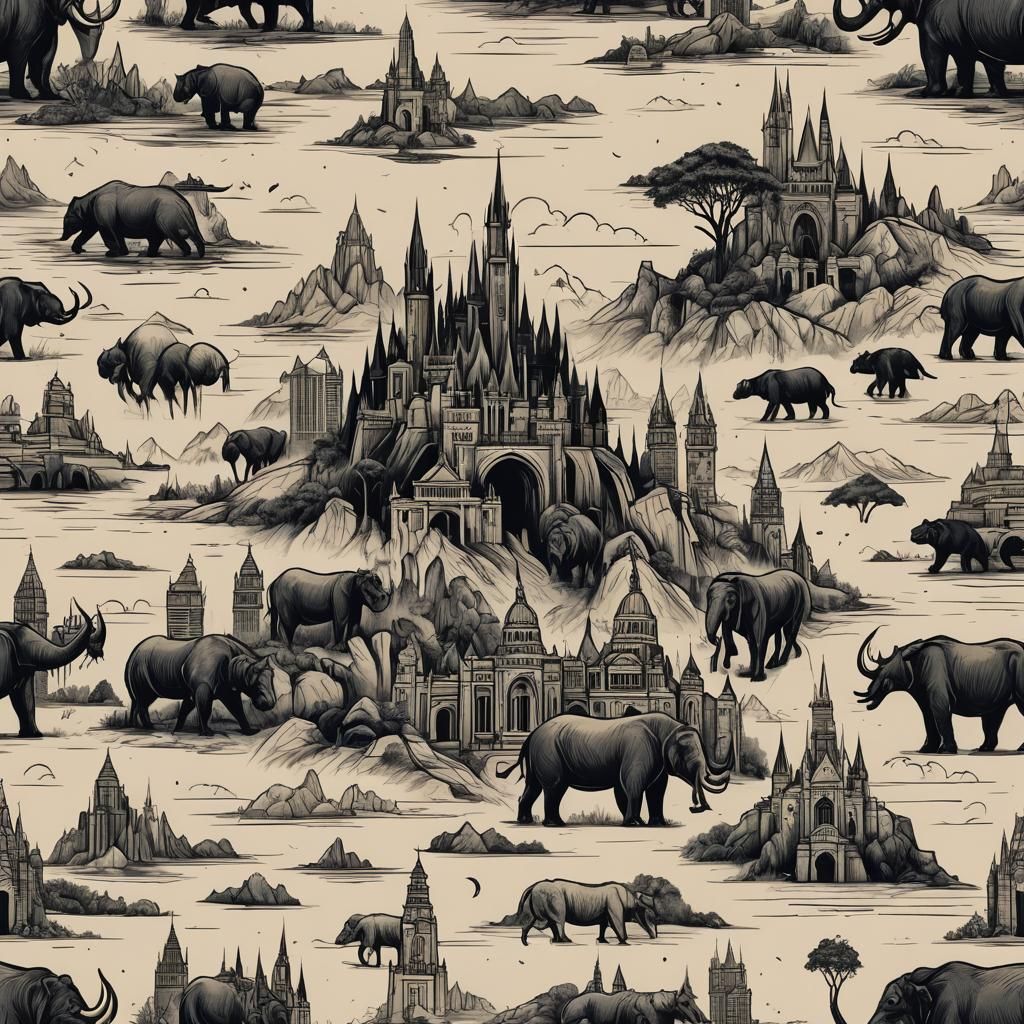 Brisbane Landmarks and Giant Animals in Black Line Art