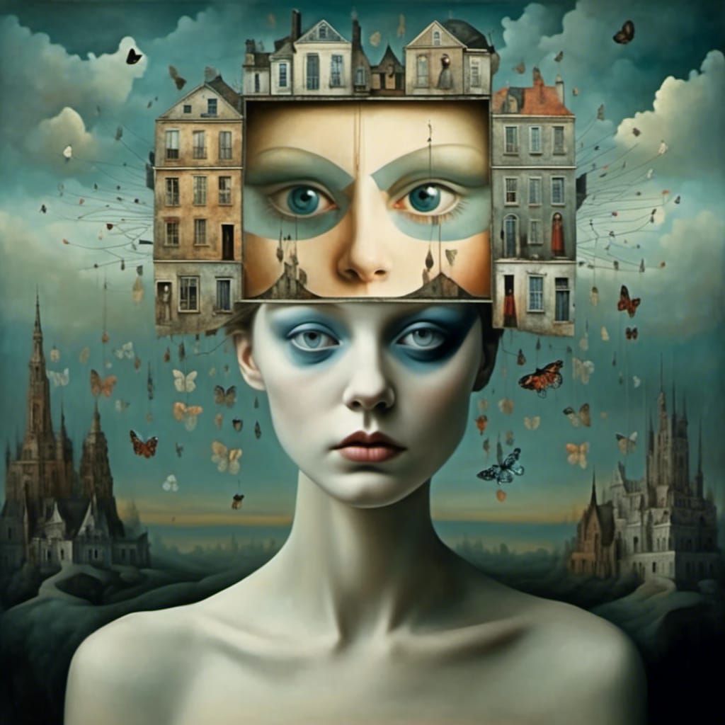 Surreal Portrait with Optical Illusions and Symbolism
