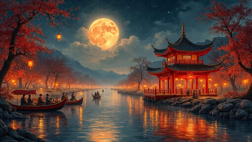 Traditional Chinese Festival Boats under Moonlit Night Sky