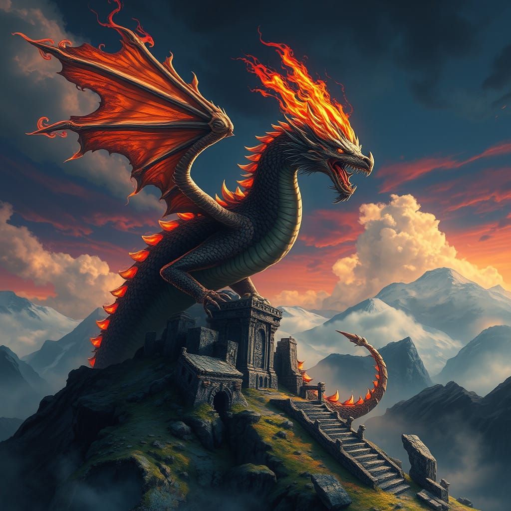Epic Dragon Rules Over Ancient Ruins in a Vibrant, Dreamlike...
