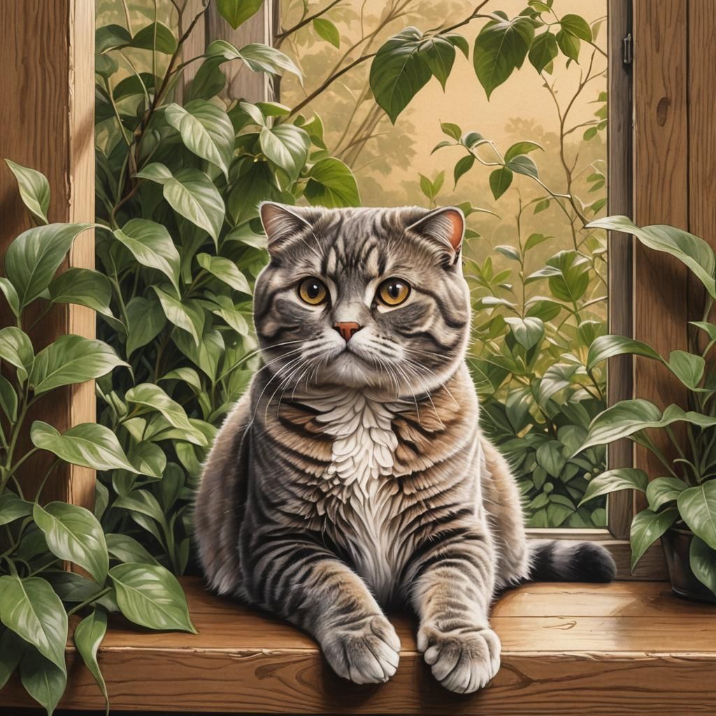 Scottish Fold Cat Portrait: Pencil Sketch with Vivid Colors