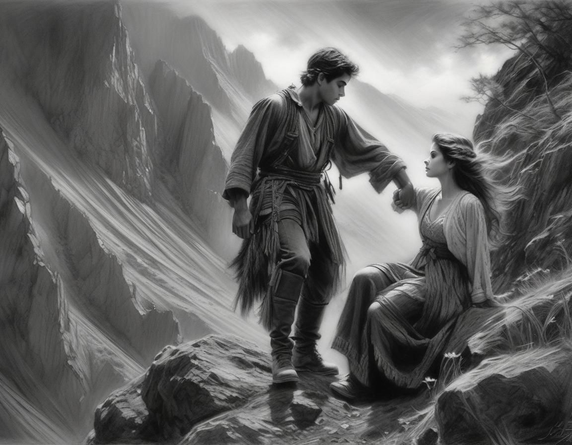 Grayscale Portrait of a Couple Climbing a Mountain