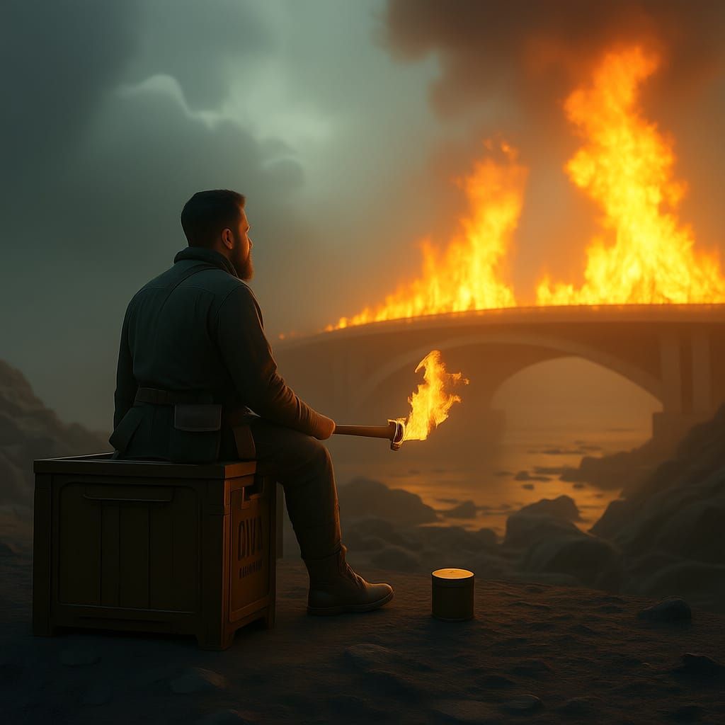 Man Watches Burning Bridge in Dramatic Digital Matte Paintin...