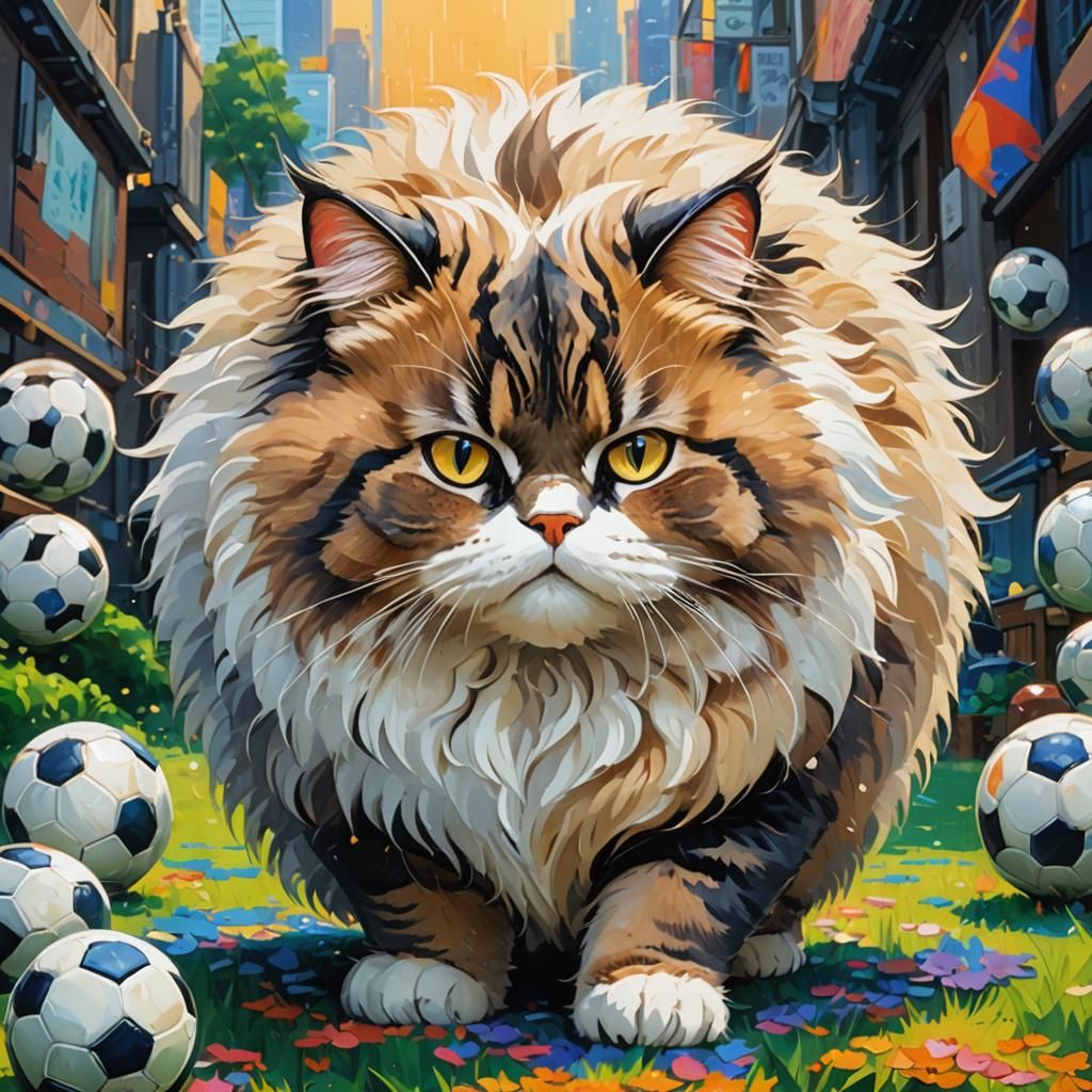 Fluffy Cat Soccer Ball in Expressionist Oil Painting