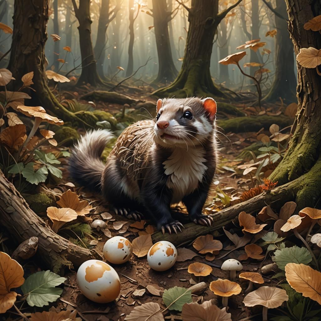 Ferret with Egg in Forest, Matte Painting