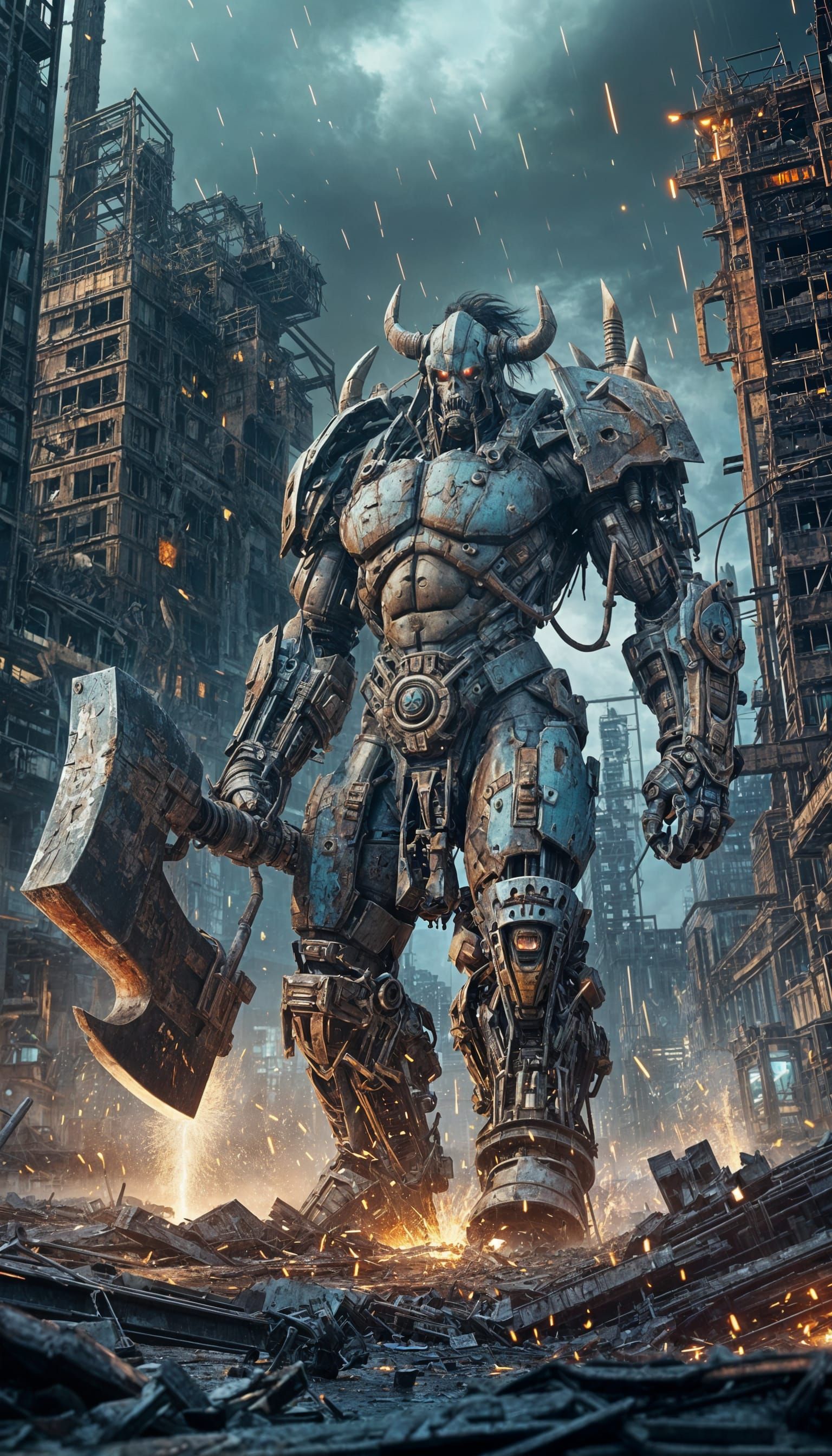 Decaying Cyberpunk: Mecha Barbarian in Desolate Cityscape