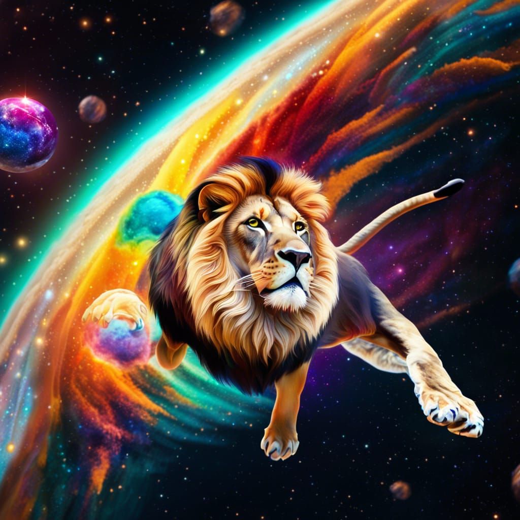 Lion Flying Through Vivid Galaxy in Hyperrealistic Photo