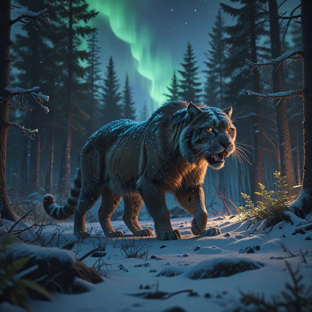 Saber-Toothed Cat in Snowy Forest Under Aurora Borealis