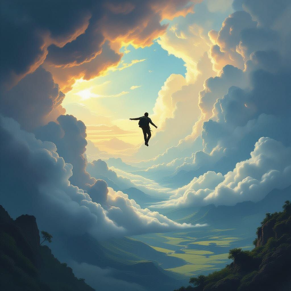 Man Ascends Between Stormy Sky and Serene Earth
