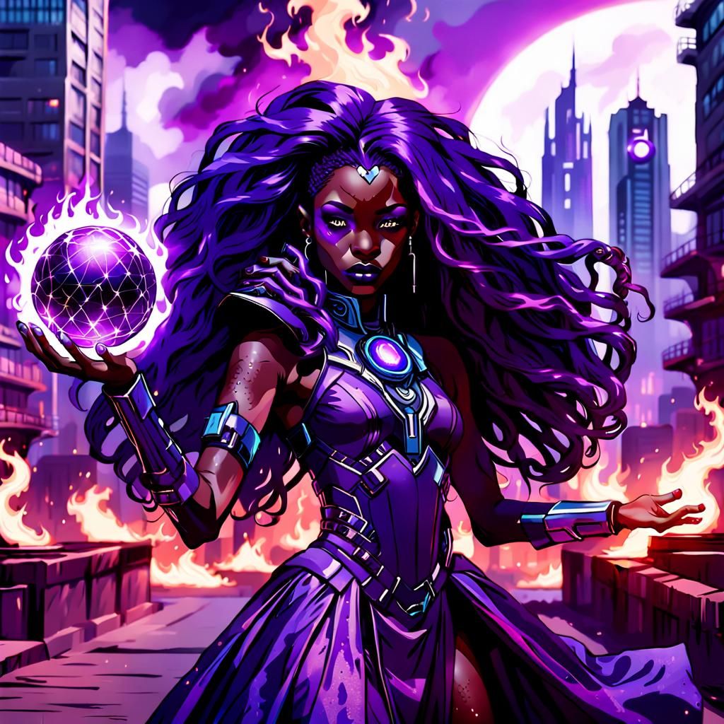 Cyberpunk African Woman Casting Lightning in Purple Cityscap...