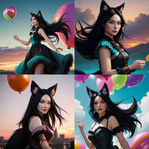 Woman with Fox Features Leaping for Balloons