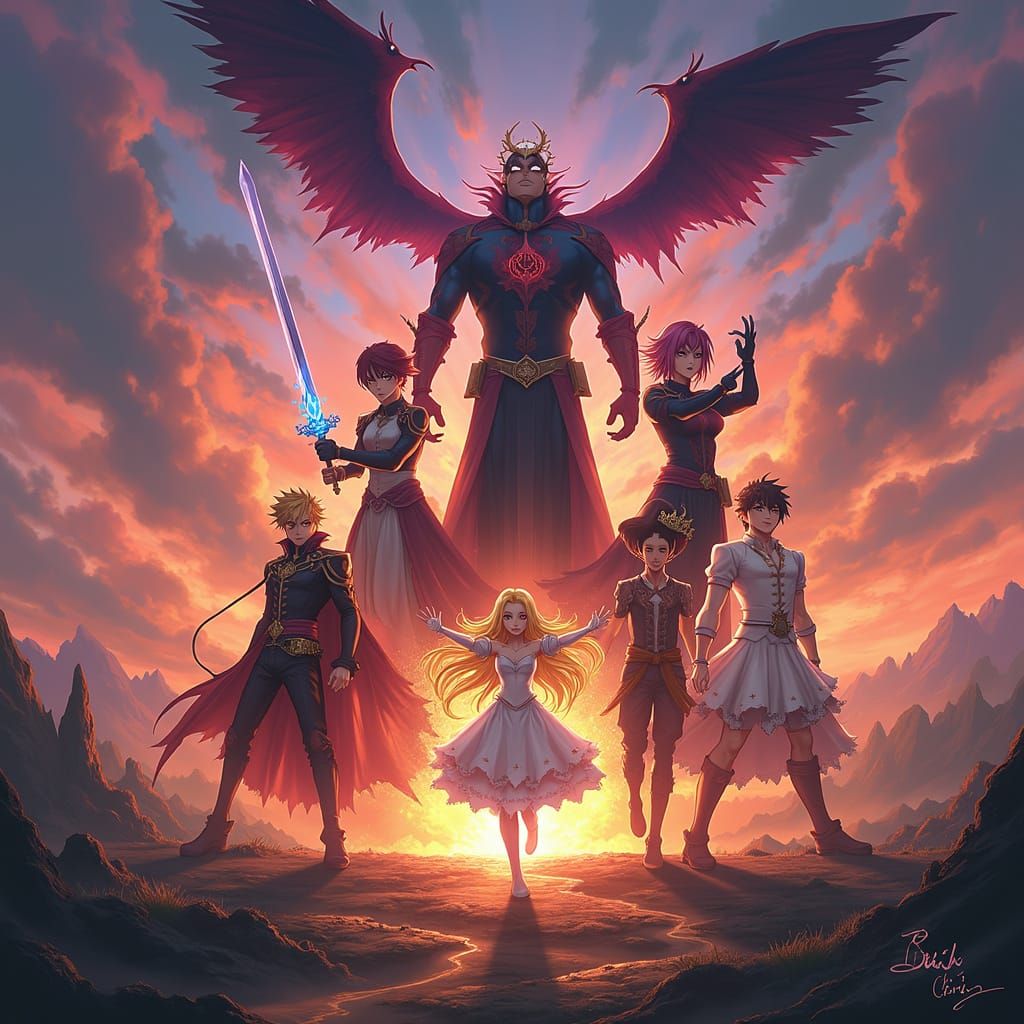 Epic Anime Battle Scene in Vibrant Fantasy Landscape