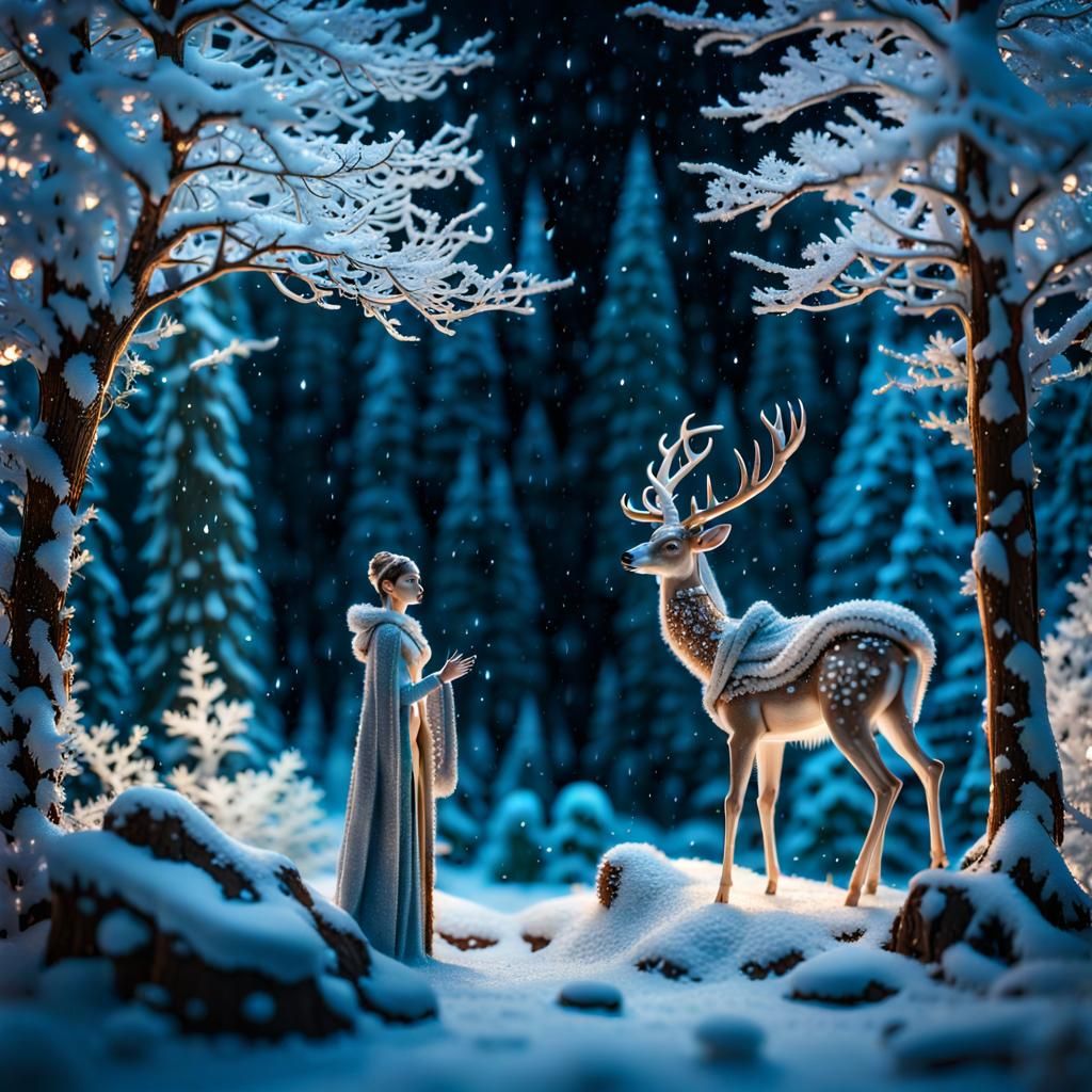 Graceful Crystal Deer in Winter Forest Microcosm