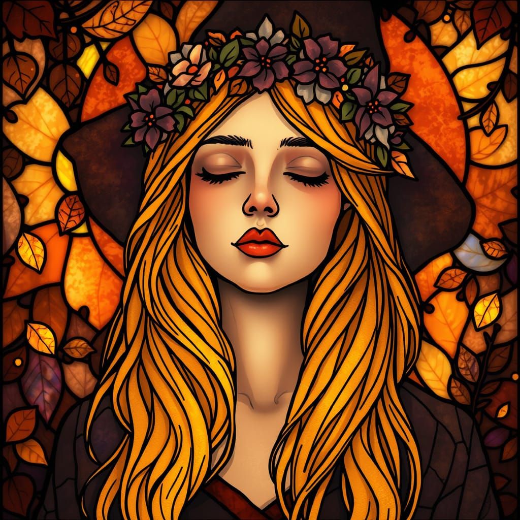 Ethereal Stained Glass Portrait of a Serene Witch in Twiligh...
